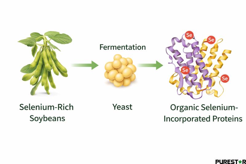 Fermentation process of Selenium Enriched Protein Powder showing selenium-rich soybeans, yeast fermentation, and organic selenium incorporated into protein structure