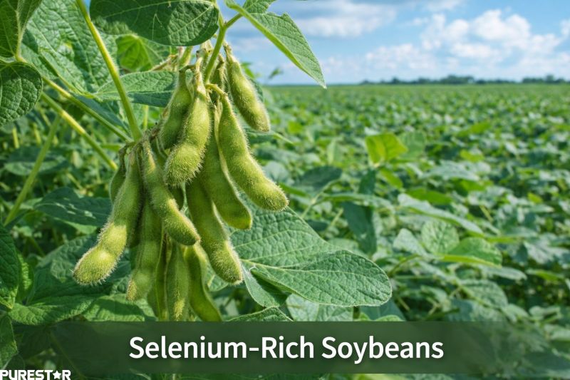 Selenium-rich soybeans growing in agricultural field used as raw material for Selenium Enriched Protein Powder production