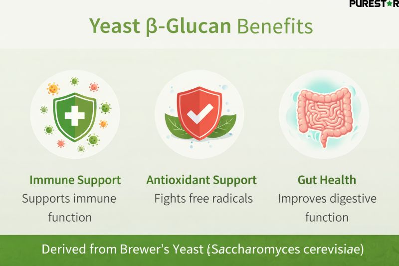 Yeast beta glucan benefits including immune support antioxidant activity and gut health function in dietary and functional food applications